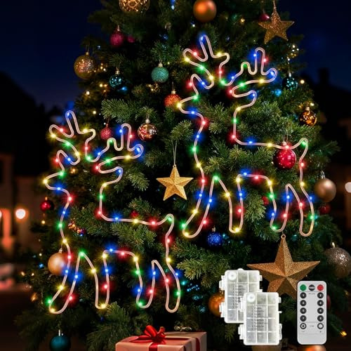 Probuk 2 Pack Reindeer Window Lights with Remote and Timer, Battery Operated LED Hanging Christmas Decorations with 8 Modes, Multicolor Fairy Curtain Lights for Indoor Outdoor