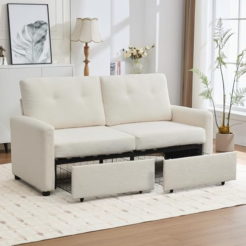 homeokay Futon Schlafsofa mit Verstellbarer Rückenlehne, Dickes Kissen, Samtstoff, mit Stauraum-Schublade, ideal für Abteilung, Wohnzimmer, Lounge (Beige)