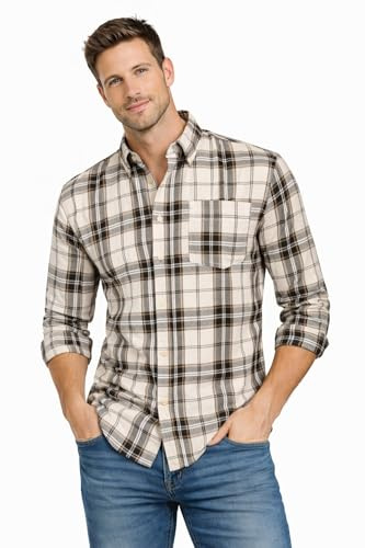Blu Apparel Men's Checked Shirt Mens Shirts Short Sleeve and Long Sleeve Cotton Casual Shirt for Men (UK, Alpha, XL, Regular, Regular, Brown/Beige)