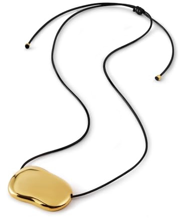 Grozilym Chunky Gold Silver Long Pendant Necklace for Women, Minimalist Charm on Adjustable Black Cord, Statement Bean Pebble Necklace Jewelry