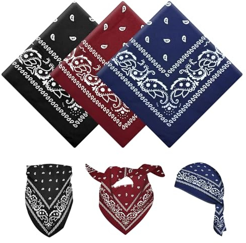 YAWYO Paquete de 3 bandanas, pañuelos multiusos con estampado de paisley, headwraps unisex para hombre y mujer, accesorios de vaquero (Negro, Burdeos, Azul Marino)