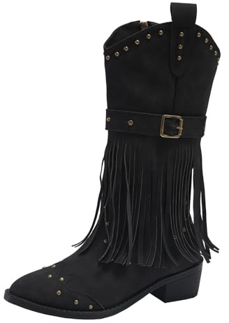Generisch Western Bottines de cowboy pour femme avec franges, talon bloc, bottes western, boucle de ceinture, bottes d'équitation, bottines vintage, bottes de transition western, Noir , 42 EU