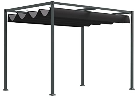 Pergola 3x2m Gartenpavillon mit Schiebedach, Terrassenüberdachung Stahl Wasserdicht UV-Schutz, Pavillon mit Laufschienensystem für Garten Terrasse, 298x213x221cm, Schwarz Grau