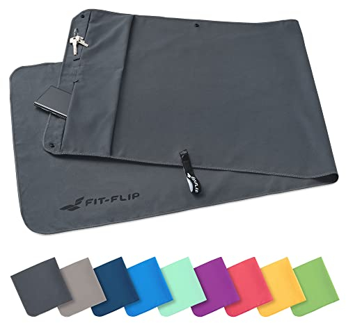 Fit-Flip Fitness Handtuch aus Mikrofaser - mit Magnet und Reißverschluss Tasche - Fitnesshandtuch für Sport und Gym - Kompakt & Schnelltrocknend - Sporthandtuch Fitnessstudio - Dunkelgrau - 130x48cm