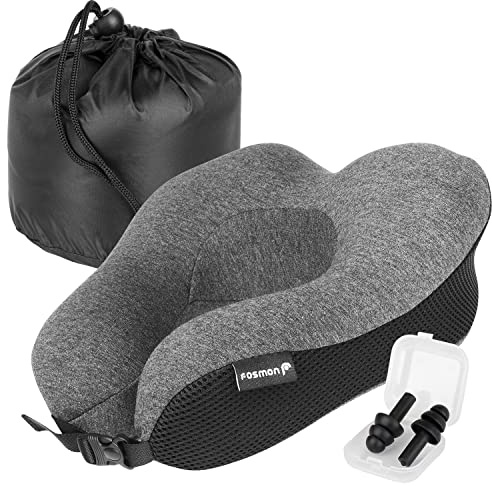 Fosmon Reise-Nackenkissen mit Ohrstöpseln & Aufbewahrungstasche, Weiches Memory-Foam-Kissen, Kopf- & Kinnstütze, Maschinenwaschbarer 100% Baumwollbezug für Reisen. | Weiches Komfortables Nackenkissen für Kopf und Kinnstütze mit 100 Prozent Baumwolle Maschinenwaschbarem Bezug für Reisen