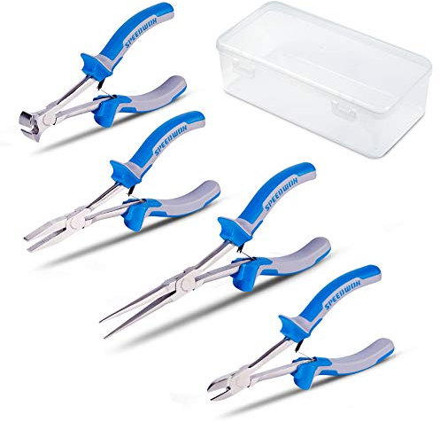 SPEEDWOX Long Reach Pliers Set 4 Piece with Storage Box Mini Pliers Kit Fine Pliers Precision Slim Wire Cutters for Hard to Reach Narrow Spaces High Leverage Reduce Efforts Tools for Mechanical Work