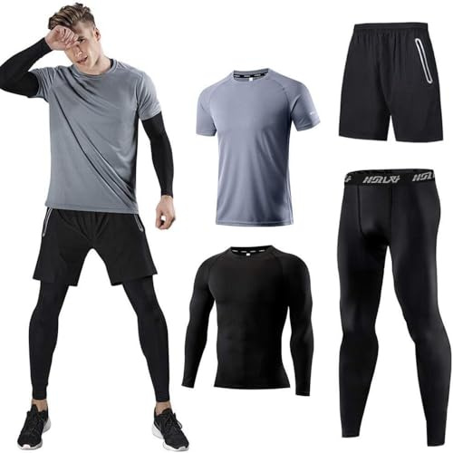 Herr sport löpningsset (paket med 4 eller 5) atletskjorta + shorts/kompressionsskjorta + byxor med jacka träningsdräkt gymkostymer, Grått, L