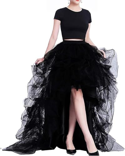Lisong Women High Waist High Low Layered Tulle Floor Length Spectial Occasion Skirt L Black