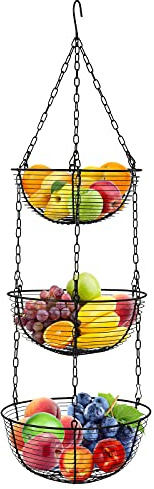 Hossejoy Hängekorb 3 Etagen, Obstkorb zum Aufhängen mit Deckenhaken, 76cm Hängend Obstschale Küche, Gemüsekorb aus Metall (schwarz)