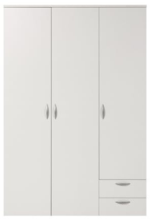 furni24 Kleiderschrank aus Holz 120cm, Garderobenschrank, Mehrzweckschrank, 3-türig mit Haken, 3 Regale und Schubladen, Kleiderbügeln, weiß, 120x52x177cm