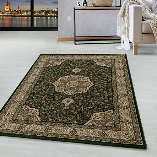 HomebyHome Orientteppich Grün 240x340 cm Kurzflor Teppich im klassischen Vintage Stil für großes Wohnzimmer, Essbereich, offene Räume Pflegeleicht, strapazierfähig, dekorative Raumwirkung