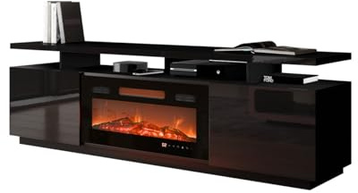 Mirjan24 TV Schrank Lostino mit Elektrischem Kamin, Realistische LED-Flamme, Elektrischer Kamin mit Heizung, TV Lowboard (ohne Beleuchtung schwarz/schwarz Hochglanz)