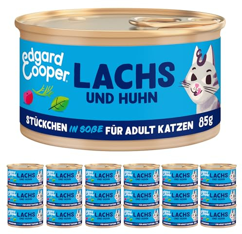 Edgard Cooper Nassfutter für Katzen, (Lachs und Huhn, 85g x 18), Katzenfutter nass in Sauce ohne Zucker und Getreidefrei, für sterilisierte und aktive Katzen