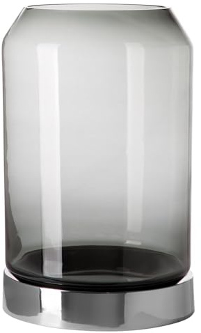 Fink edles Stumpenkerzen-Windlicht 31 cm mit grauem Glas und Edelstahl-Sockel