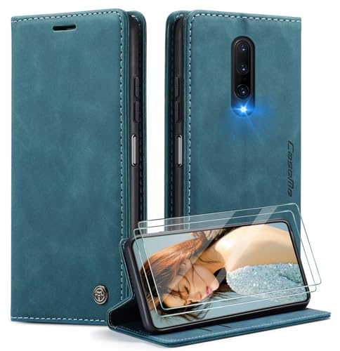 Caseme Funda para OnePlus 7 Pro + 2X Protector Pantalla,Funda Movil Carcasa PU Cuero con Ranura para Tarjeta, Cierre Función de Soporte, Azul