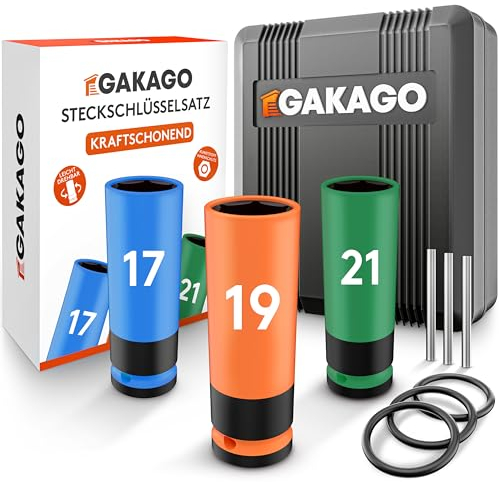 Gakago Kraft-Schoneinsatz - 17mm 19mm 21mm Radschrauben Nuss Set mit Kunststoff-Felgenschutz - 1/2 Zoll Steckschlüssel-Einsatz für Drehmoment- und Schlagschrauber mit Sicherheitsstift und Ring