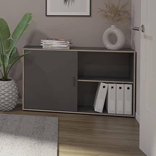 Lomadox Kommode Aktenschrank mit Schiebetür und 2 offenen Fächern in anthrazit matt mit Eiche-Kante, B/H/T ca. 110,5/72,8/33 cm
