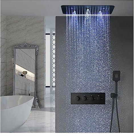 2023 New Rain Shower Systems LED Shower Head,Thermostatic Valve Bath Mixer Tap,Embedded Ceiling Shower Set Stainless Steel LED Shower Panel (Color : Set, Size : 1)