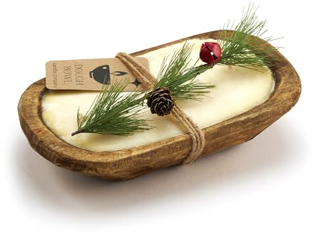 Dough Bowl Candle Co. Christmas Tree Soy Candle - 3 Wick Rustic Farmhouse Decor Odor Eliminator in Ornamental Wooden Bowls, 20 Ounce All-Natural Gifts for Women and Men, Wooden Decor Dough Bowls