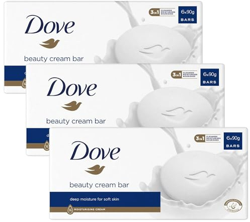 Dove Original Beauty Soap Bar, 3 Pack Gentle Cleansing Bar with Moisturising Cream, Softens, Smooths & Nourishes Skin, Suitable for Face, Body & Hands, All Skin Types, Total 18 Bars of 90g each