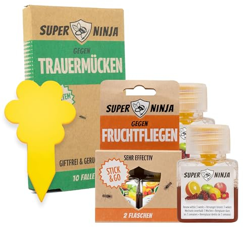 Super Ninja Autocollants Jaunes et piège à Mouches à Fruits – 10 Autocollants Jaunes et 2 pièges à Mouches à Fruits – Lutte Contre Les concasseurs et piège à Mouches à Fruits – Facile à Utiliser