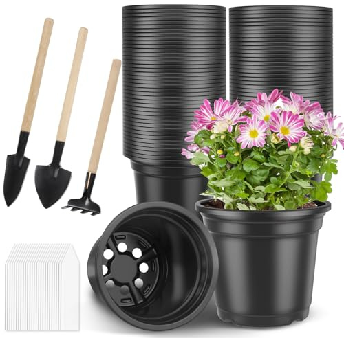 PEYOU 100Pcs 15cm Plastic Plant Pots with 3 PCS Garden Tools & 100Pcs Waterproof Plant Labels, Flower Pots Outdoor & Indoor for Seedlings, Vegetables,Flowers,Herbs,Succulents