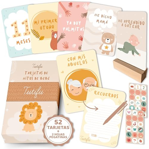 Tutifu® 52 Meilensteinkarten Baby mit Stickerbögen und Stütze. Geschenke zur Geburt, Meilensteinkarten Schwangerschaft, Meilensteine Baby, Monatskarten Baby 1-24 Monate Baby Shower Geschenk (Spanisch)