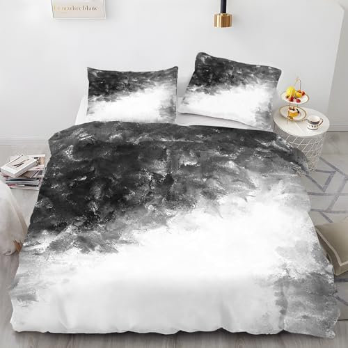 BettwäSche 220x240 Pinselmalerei Bettbezug mit 2 Kissenbezug 80x80 cm Weiche und Angenehme Mikrofaser Bettwaren Schwarz Und Weiß Bettwäsche-Sets 3-Teilig mit Reißverschluss für EinzelbettDoppelbett