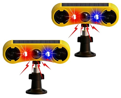 QXMH Alarme de détecteur de Mouvement Solaire extérieur - Alarme sonore de Coup de feu d'aboiement de Chien, 2 * 129 DB de Puissance, 4 Modes, lumière Rouge et Bleue (2 Pack)