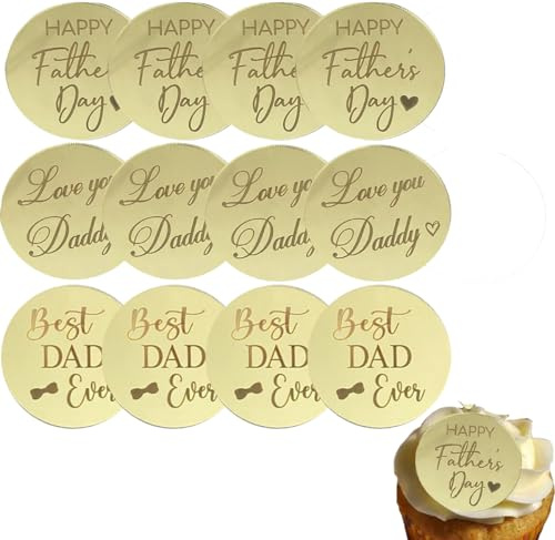 12 Pcs Happy Fathers Day Cupcake Topper, Fathers Day Round Cake Topper, Cake Engraved Discs, Acrylic Cupcake Decorations for Father's Day Baking Dessert Décor