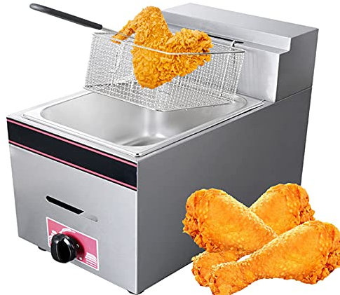 LAMEDOAT Friteuse à gaz en Acier Inoxydable, friteuse Commerciale au GPL, friteuse Simple de Grande capacité de 10 L, contrôle de la température réglable, friteuse épaisse avec Panier et Couvercle