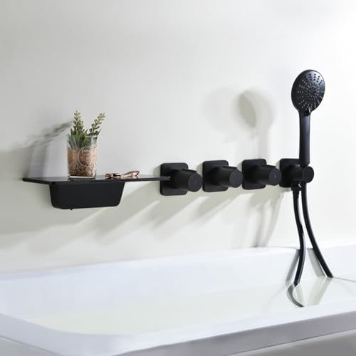 XJTNLB Wasserfall Badewannenarmatur Wandmontage Badewannenarmatur mit Handbrause mit Umsteller Doppelgriff Warm und Kaltwasser,Schwarz
