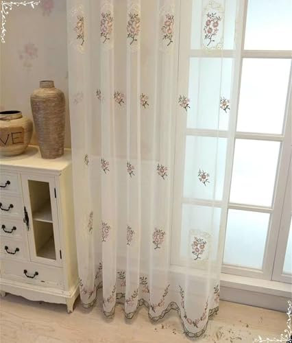 Beydodo Vorhänge Weiß 2er Set mit Haken, Gardinen für Schienensystem 102x138CM Stickerei mit Rosa Blumen Motiv Gardinenschals Polyester Halbtransparent für Wohnzimmer Schlafzimmer Küche
