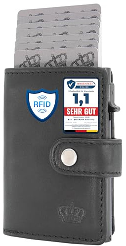 Baur Slim Wallet aus echtem Leder – Kreditkartenetui mit Aluminium Pop-Up Case & RFID-Schutz – Kleine Geldbörse für Herren mit Münzfach – Smart Wallet (Münzfach mit Reißverschluss, Schwarz)