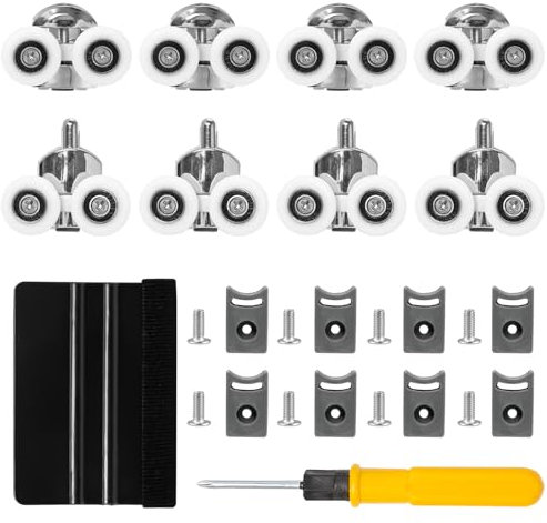 Sxutop 8 Pièces Porte de Douche Roulette en Alliage de Zinc Diamètre 25mm, Porte Coulissante, Cabine de Douche pour Verre de 4-6mm d'Épaisseur, avec Fixations et Raclette