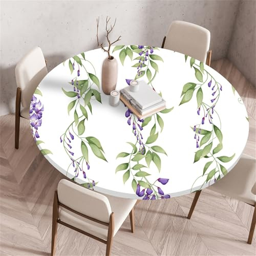 Muiuou Rund bordsduk, blomtryck, återanvändbar, avtorkbar, vattentät, oljebeständig, elastisk kant, cirkelbordsduk, monterat kök, restaurang, picknick, heminredning (diameter 100 cm, stil 12)