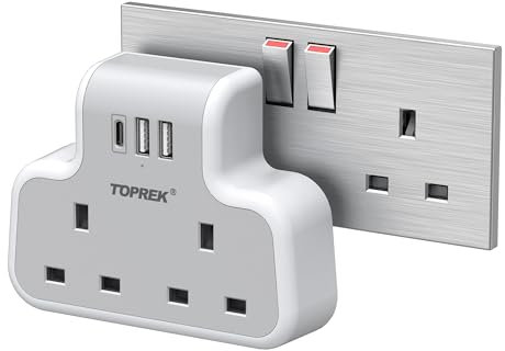 TOPREK Multi Plug Adaptor, Double Plug Adapter UK, 2USB-A & 1USB-C Plug Extension Socket, Slim Wall Extension Plug socket for Home, Office, Kitchen