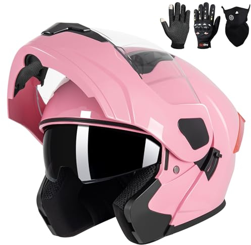 Adult Modular Motorcycle Helmets, DOT Approved Flip up Dual Visor Full Face Helmet for Men Women Moto ATV UTV Snowmobile ADV Four Wheeler Street Bike with Gloves & Mask (Pink, S)