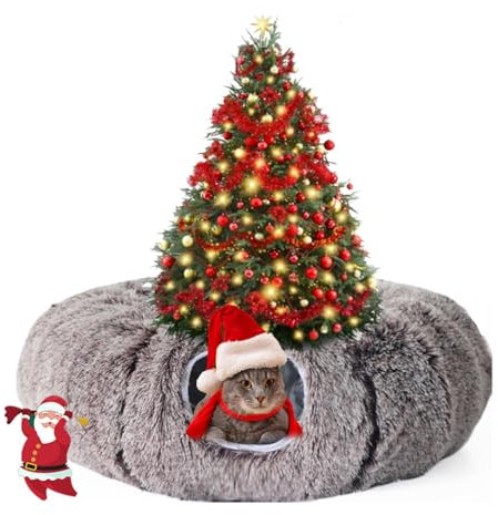 Cat Christmas Tree Skirt Tunnel, Katzen-Weihnachtsbaum-Rock-Tunnel, Weihnachten Katze Tunnel, Katzentunnel Bett unter Weihnachtsbaum, Faltbarer Plüsch Katzentunnel mit Spielball (Kaffee)