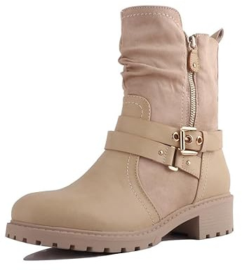 Pogolino Damen Stiefeletten Nieten Biker Boots mit Reißverschluß flach bequem Stiefel 2520