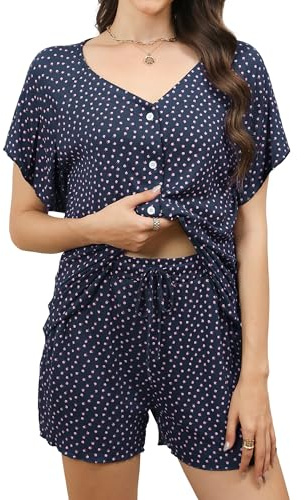 Reliwel Pigiama Donna Cotone Leggero Pigiama Donna Estivo Set Scollo a V Maglietta Maniche Corte con Bottoni e Pantaloncini Indumenti da Notte Stampa Floreale