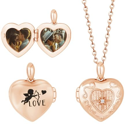 Kiddo Sky Collier Personnalisé Love God Cupidon Image à l'intérieur pour Femme, Pendentif Photo en Cuivre avec Médaillon en Forme de Cœur Délicat, 18 + 2 Pouces avec Boîte Cadeau (Or rose)