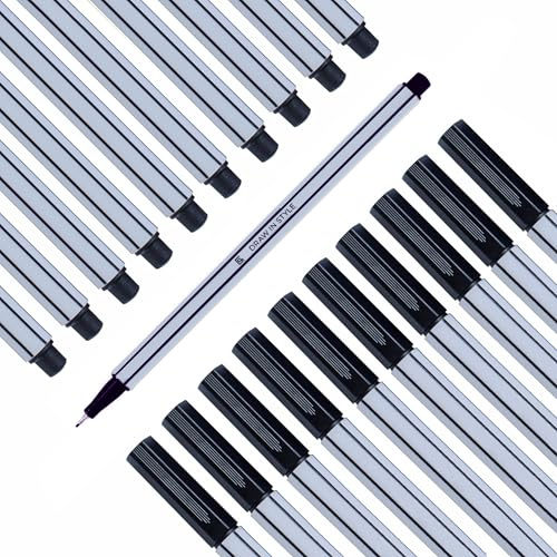 Fineliner Schwarz - 10er Set - mit feiner 0,4mm Spitze in Metallfassung