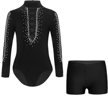TiaoBug Maillot De Ballet Danza Niño Leotardo De Patinaje Artístico Y Leggings Cortos Mono De Deportivo Ropa De Baile Competición Negro 11-12 años