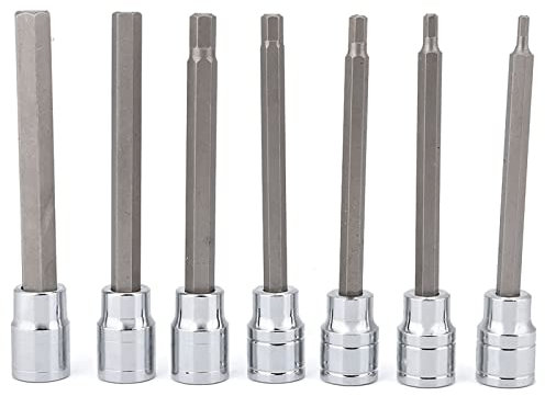 Karlak 7Pcs Extra Long Hex Bit Socket Set 3/4/5/6/7/8/10 Mm Drive Repair Tool Kit, Extra Long Hex Bit Socket 110mm for Hard Areas, Chrome-Vanadium Steel Heat Treated, Size Imprinted,