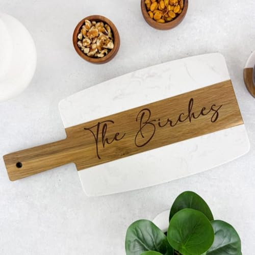 Tabla de cortar personalizada, tabla de cortar de madera de mármol, regalo para parejas, regalo de boda/compromiso, regalos de inauguración de la casa, tablas de queso grabadas (40 x 22 cm, blanco)