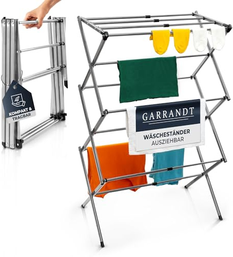 Garrandt Stendibiancheria pieghevole, robusto stendibiancheria salvaspazio, 6 livelli con 11 aste, torre pieghevole ed estensibile, piccolo, balcone in nero (grigio Miami)