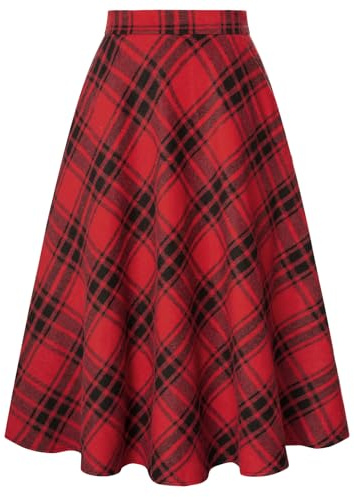 Belle Poque Damen Karierten Röcke Vintage Hoch Taillierte A-Linie Midi-Rock mit Taschen Vielseitige Faltenröcke für Damen