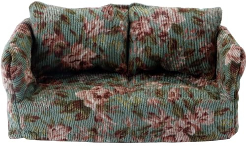 Hoite 1:12 dockhus trä soffa möbelset, tyg avtagbar retro dubbel soffa med kuddar