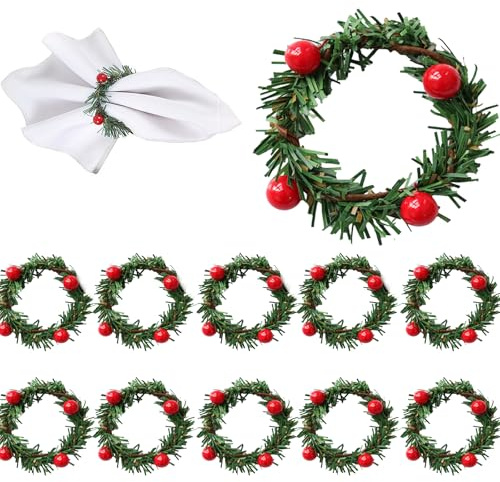 Christmas Napkin Rings, 10Pcs Holly Berry Napkin Holder Bulk, Wreath Design, for Xmas Thanksgiving Table Decorations